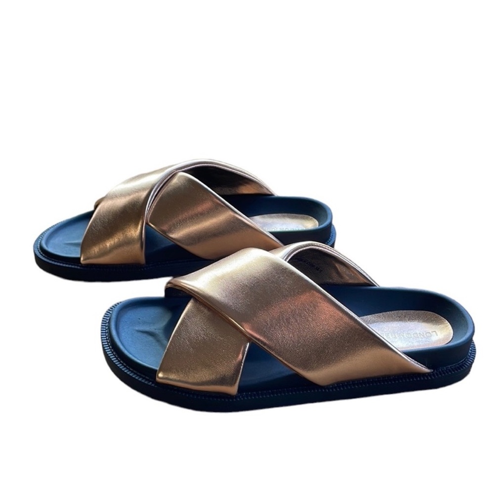 NWT London Rebel Women’s Metallic Rose Gold Crisscross Strap Slide Sandals - Picture 5 of 6
